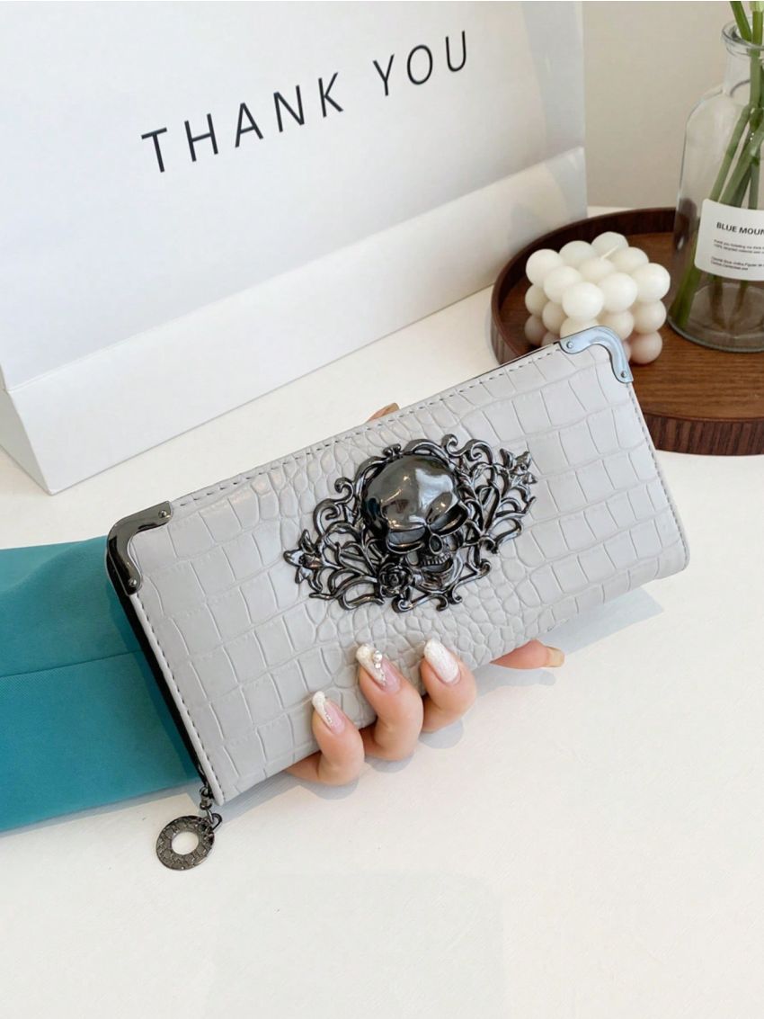 Crocodile Embossed Long Wallet Metal Skull Decor Zipper Around