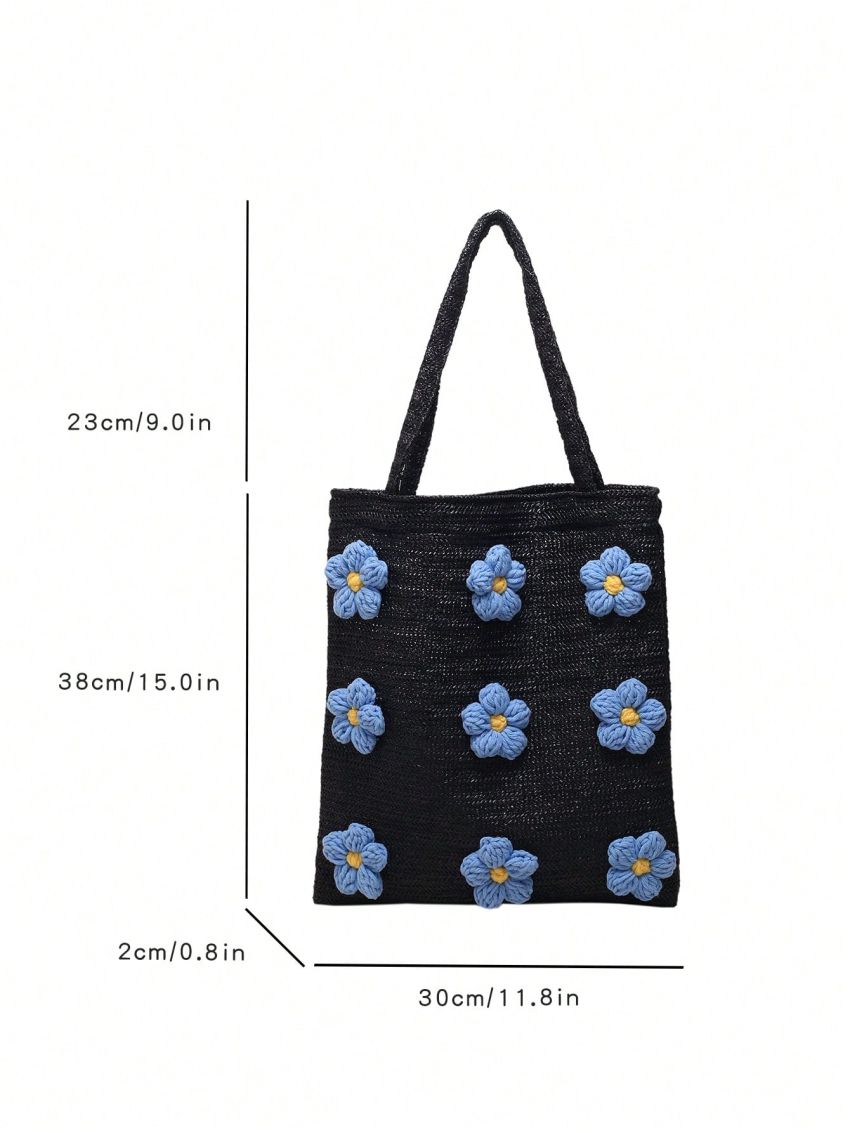 Flower Decor Straw Bag Double Handle Vacation Style