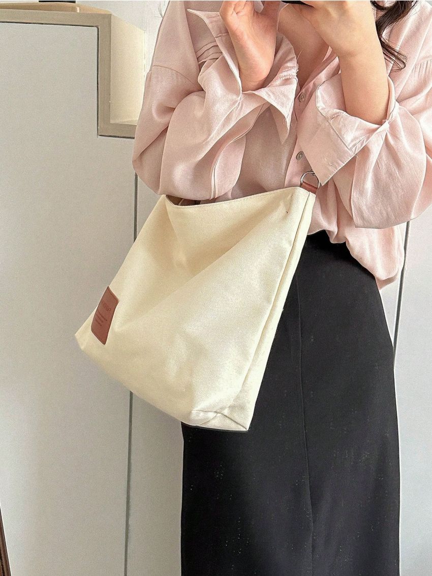 Letter Patch Tote Bag Double Handle Casual Style