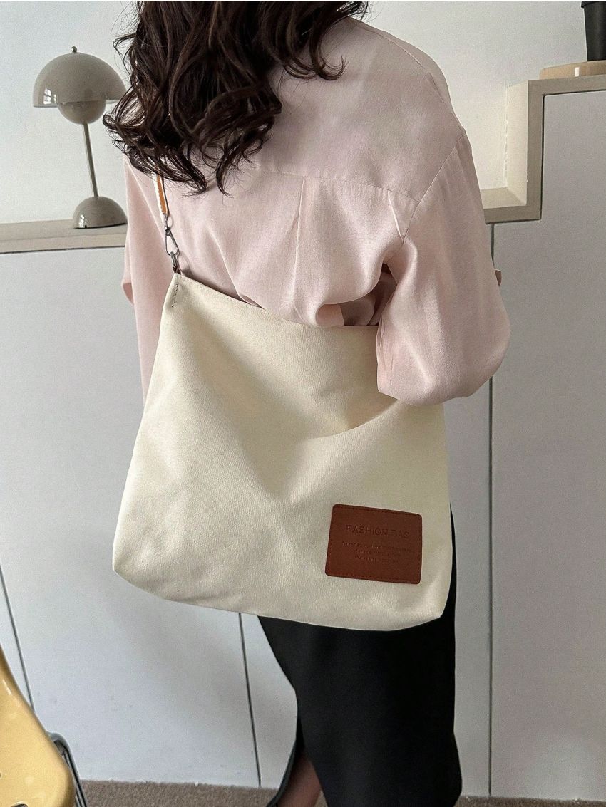 Letter Patch Tote Bag Double Handle Casual Style