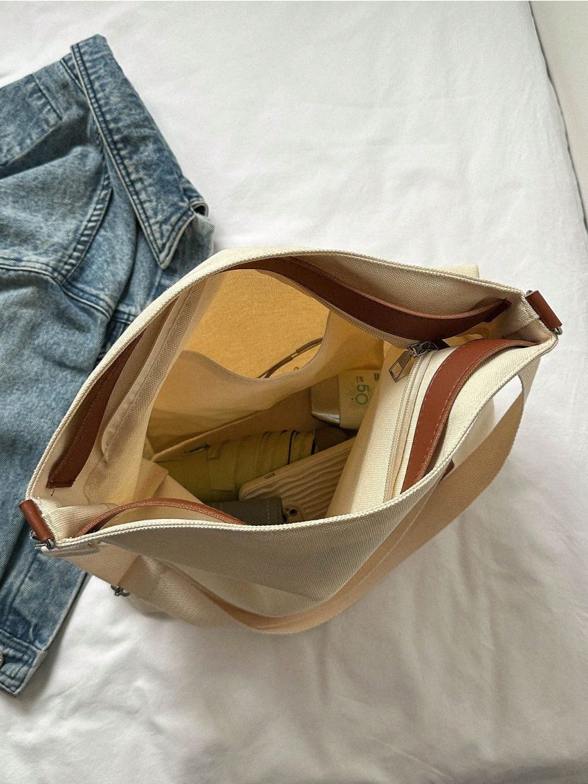 Letter Patch Tote Bag Double Handle Casual Style