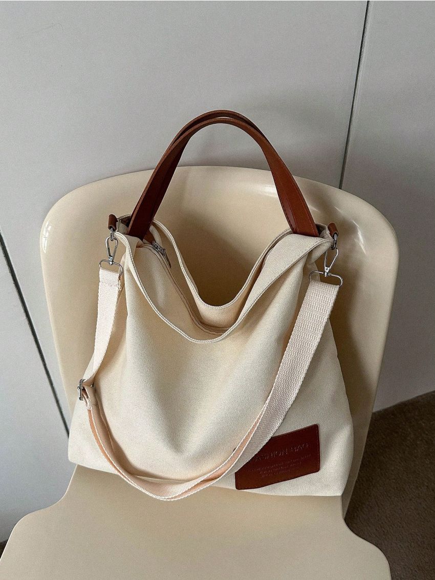 Letter Patch Tote Bag Double Handle Casual Style