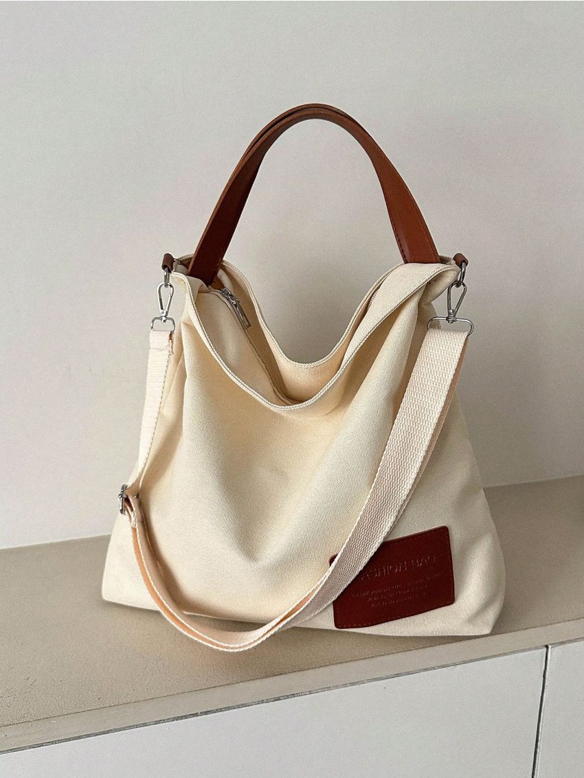 Letter Patch Tote Bag Double Handle Casual Style