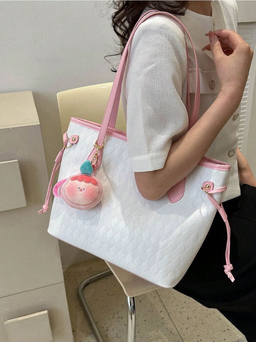 Argyle Embossed Tote Bag Double Handle With Bag Charm