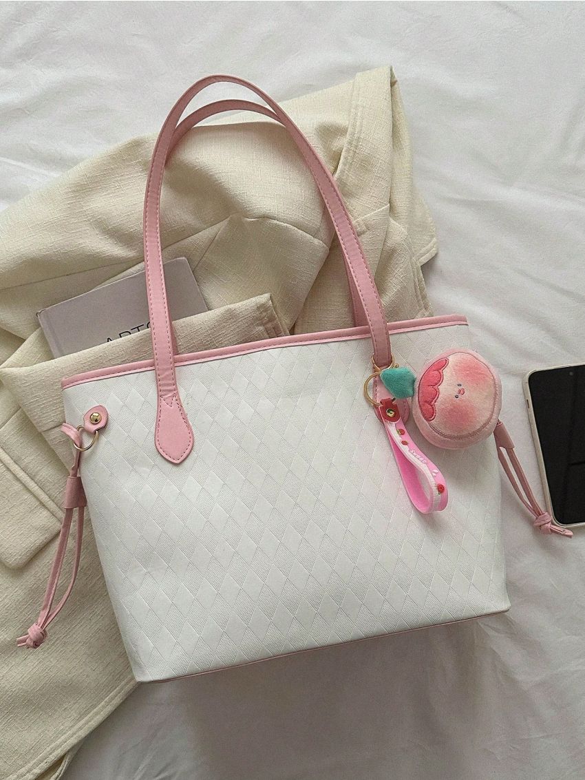 Argyle Embossed Tote Bag Double Handle With Bag Charm