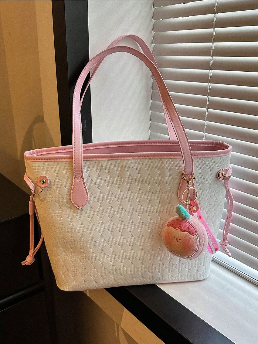 Argyle Embossed Tote Bag Double Handle With Bag Charm