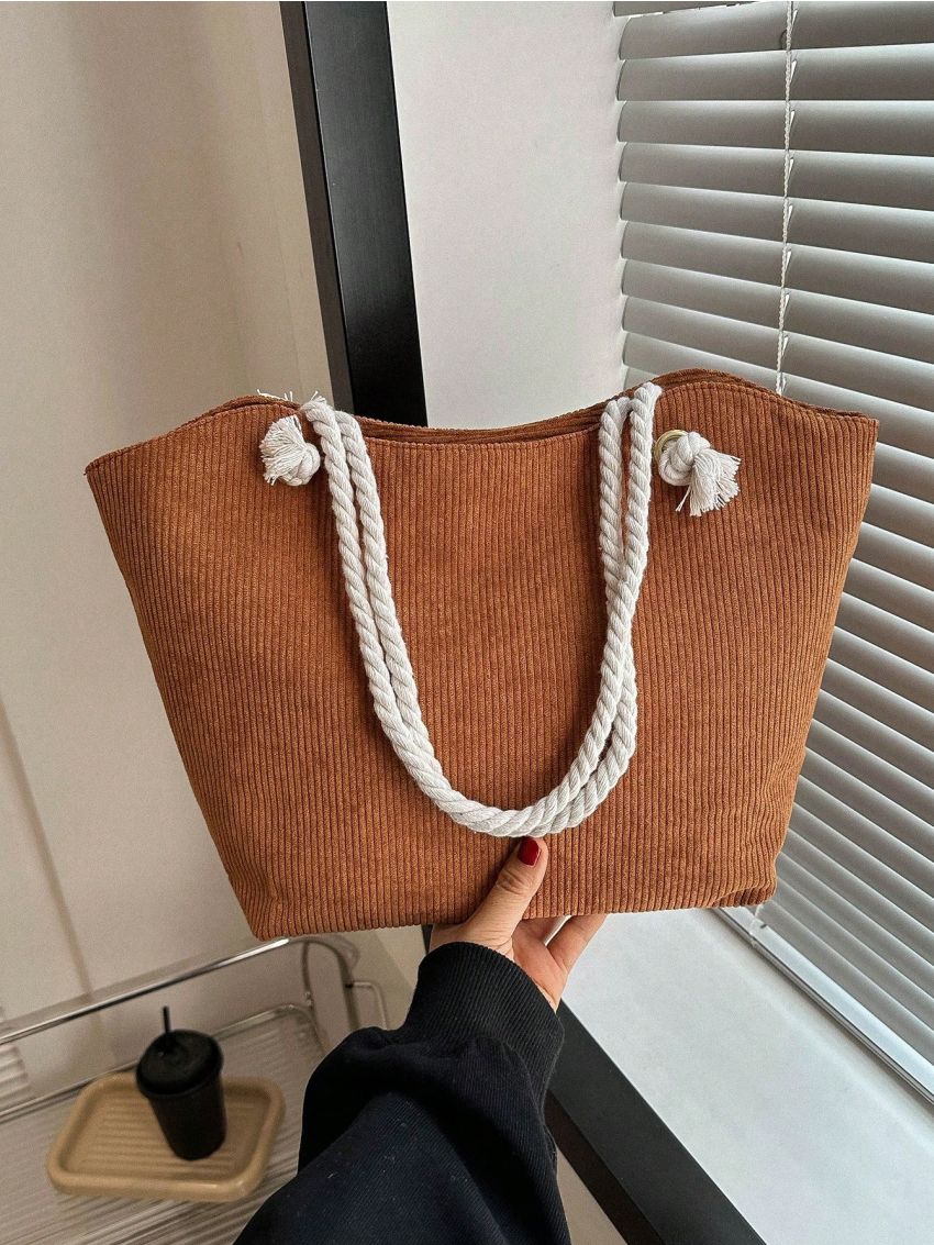 Brown Shoulder Tote Bag Corduroy Large Capacity For Daily