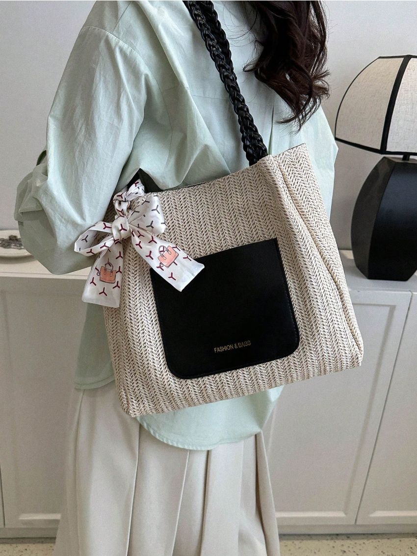 Medium Straw Bag Colorblock Double Handle Twilly Scarf Decor