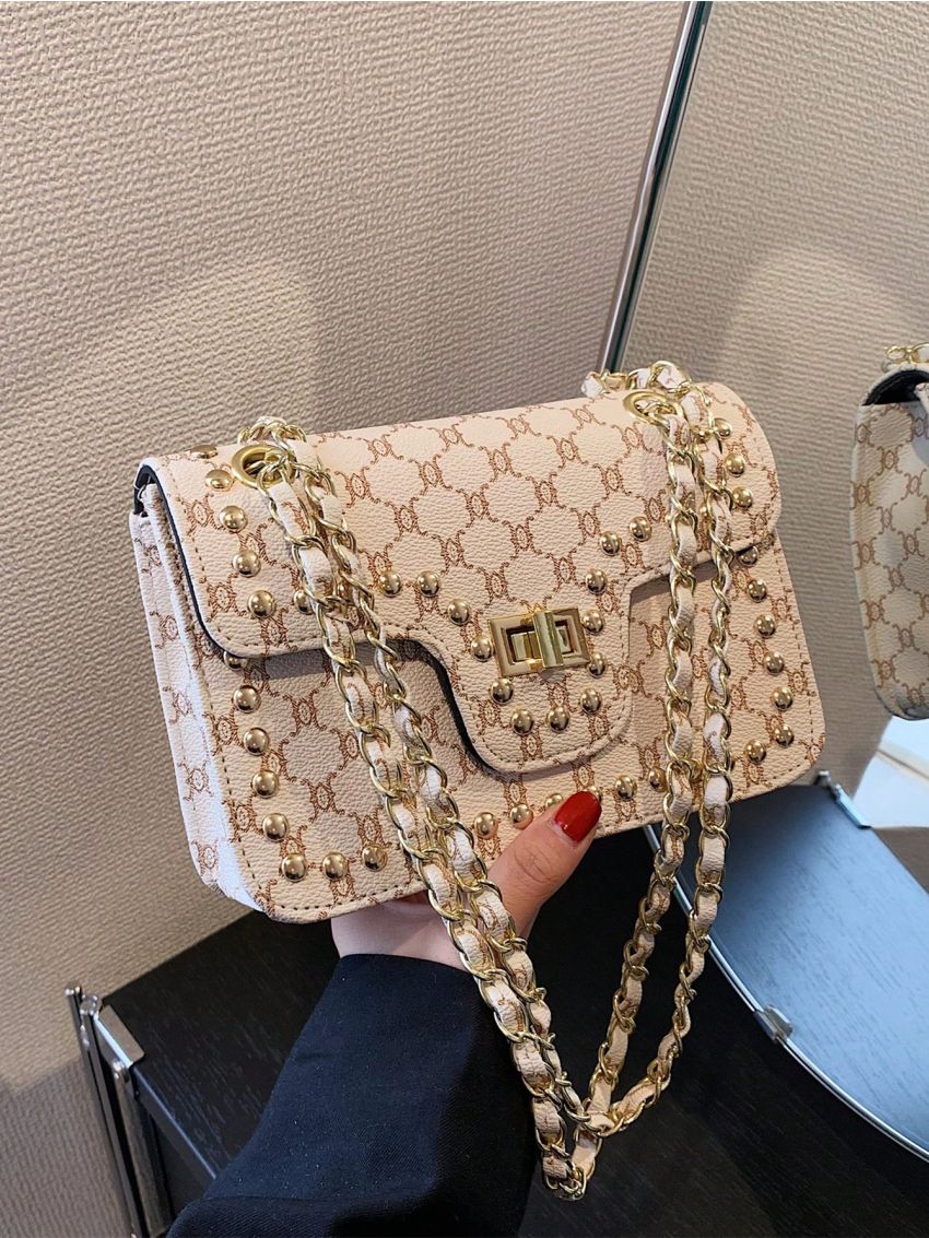 All Over Print Square Bag Studded Decor Flap Chain Strap