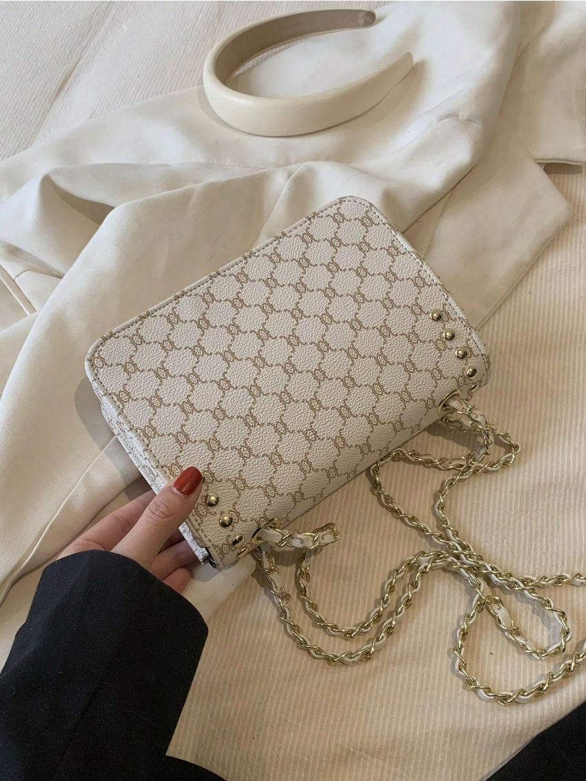 All Over Print Square Bag Studded Decor Flap Chain Strap