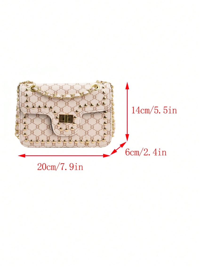 All Over Print Square Bag Studded Decor Flap Chain Strap