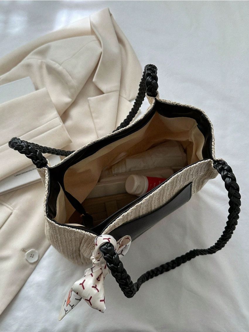 Medium Straw Bag Colorblock Double Handle Twilly Scarf Decor