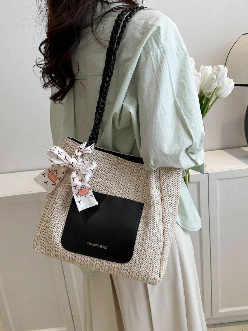 Medium Straw Bag Colorblock Double Handle Twilly Scarf Decor