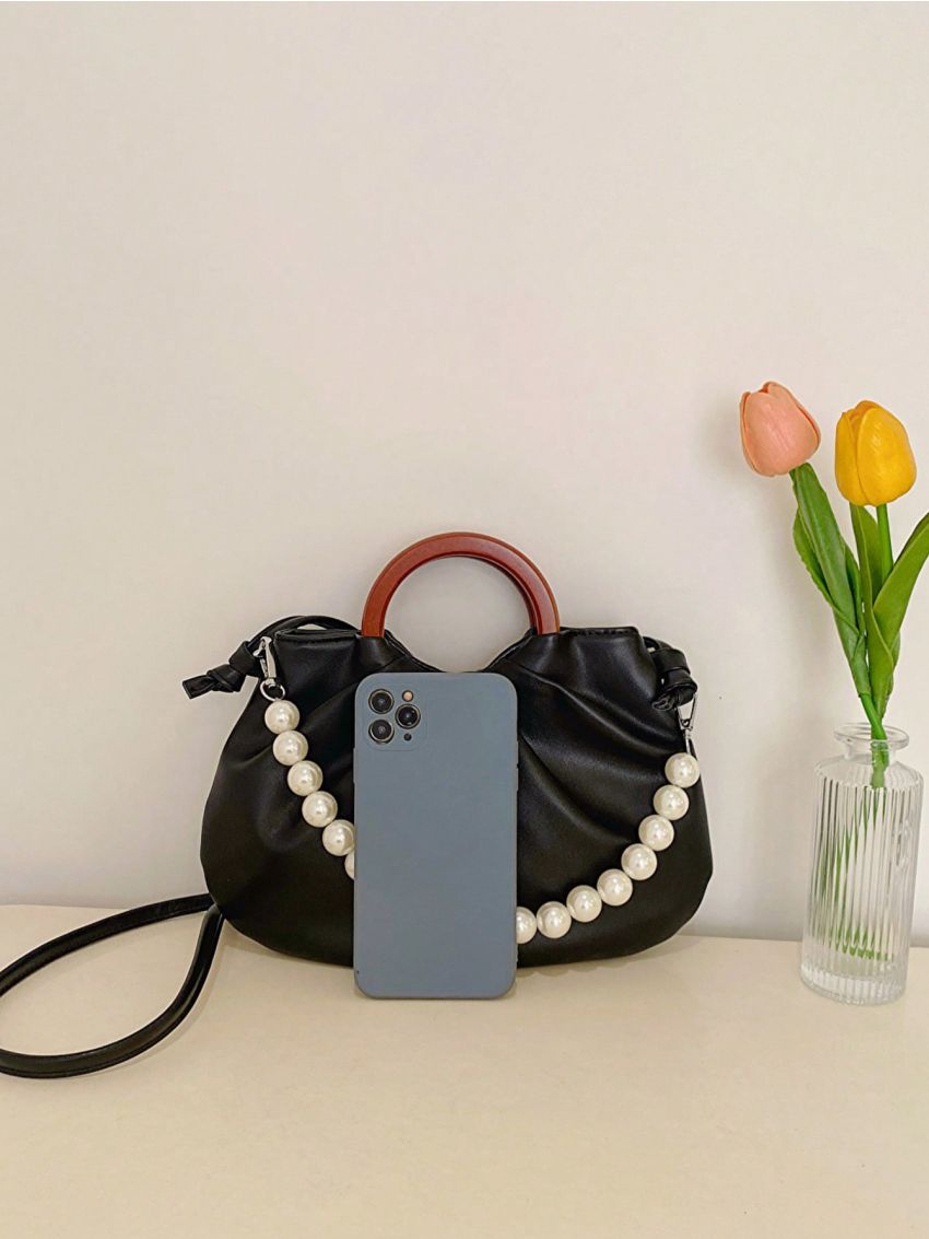 Medium Ruched Bag Black Faux Pearl Decor For Daily
