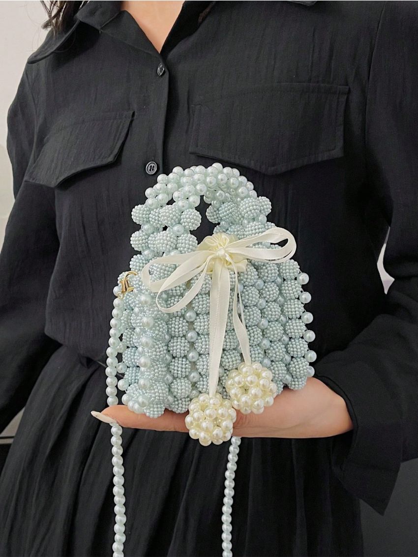 Mini Box Bag Faux Pearl & Bow Decor Color Block