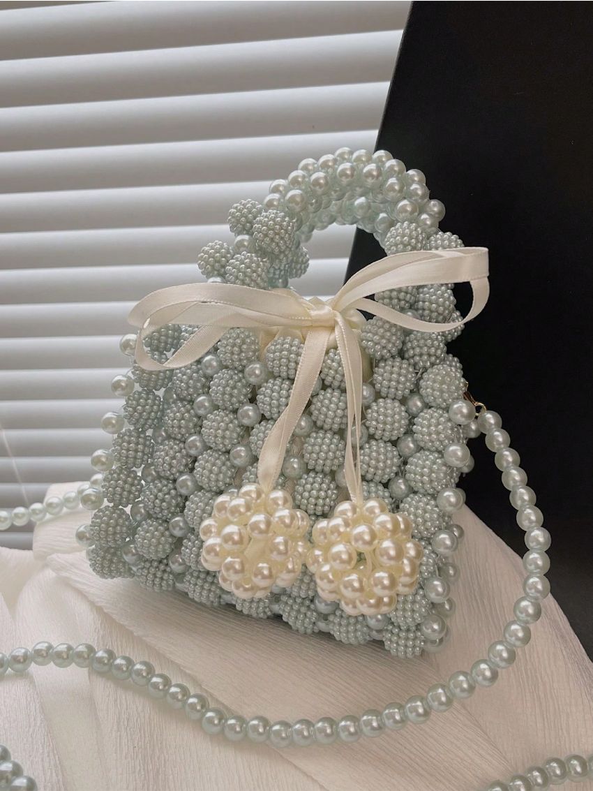Mini Box Bag Faux Pearl & Bow Decor Color Block