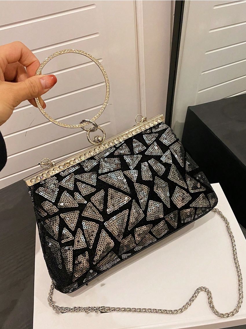 Small Square Bag Sequin Decor Ring Chain