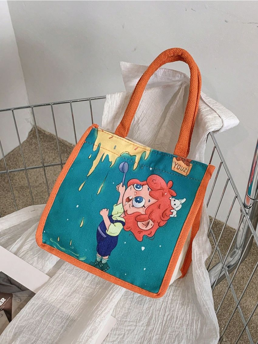 Small Bucket Bag Cartoon Figure Graphic Snap Button Canvas