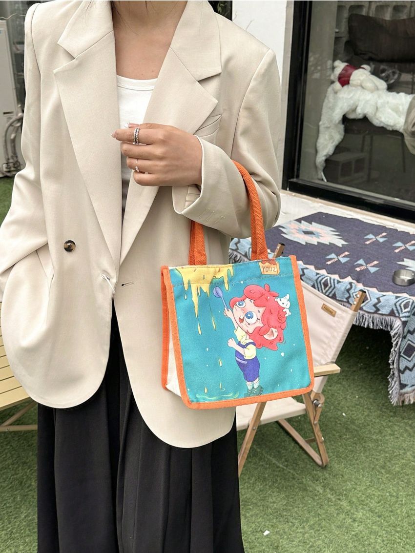 Small Bucket Bag Cartoon Figure Graphic Snap Button Canvas