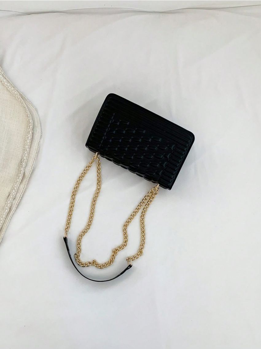 PU Square Bag Embossed Detail Chain