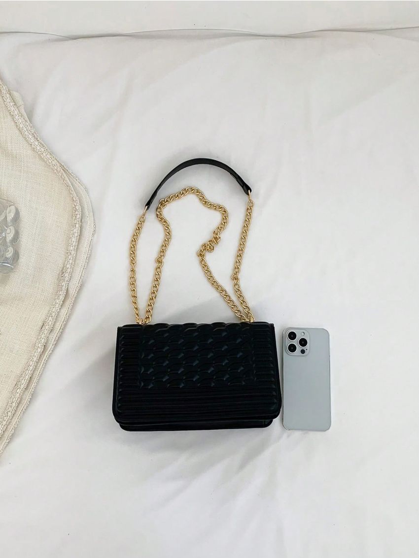 PU Square Bag Embossed Detail Chain