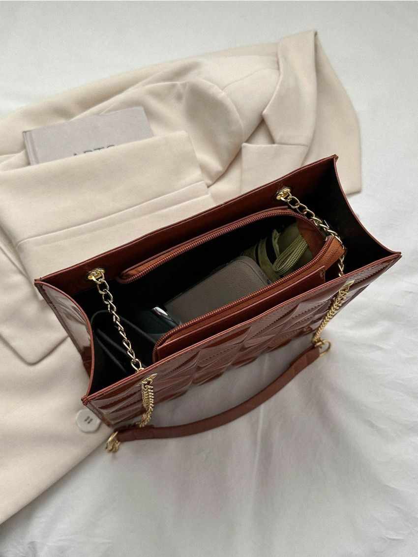 PU Square Bag Embossed Detail Chain