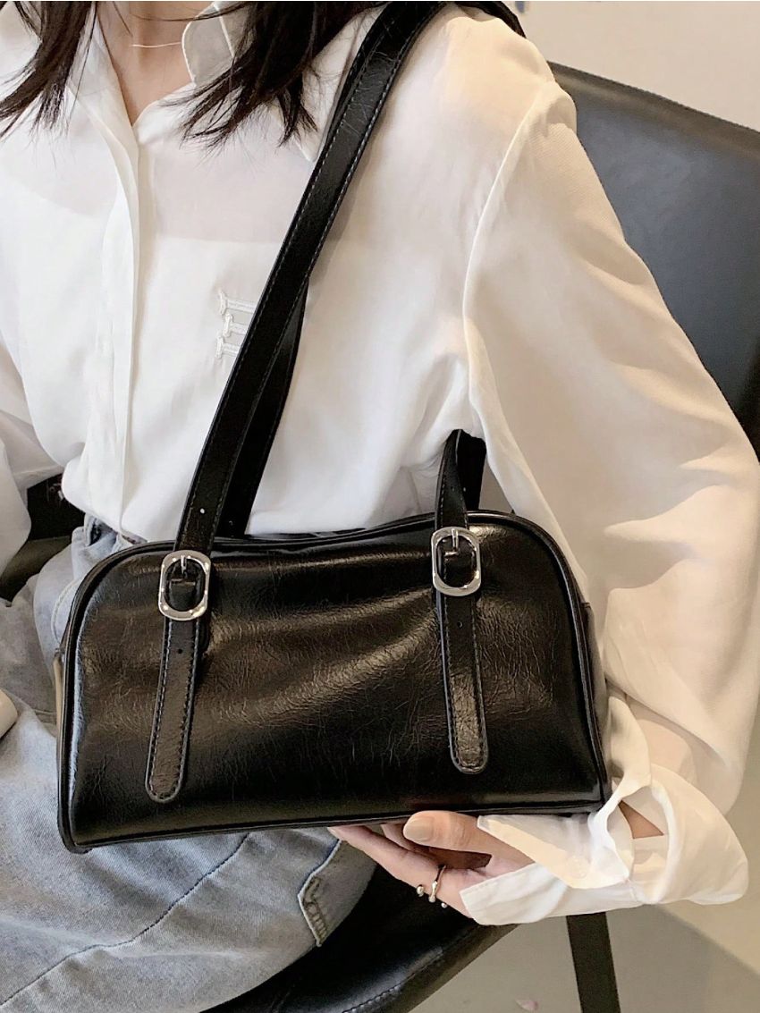 PU Square Bag Buckle Decor Black