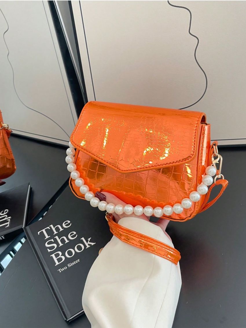 PU Square Bag Flap Faux Pearl Decor Crocodile Embossed