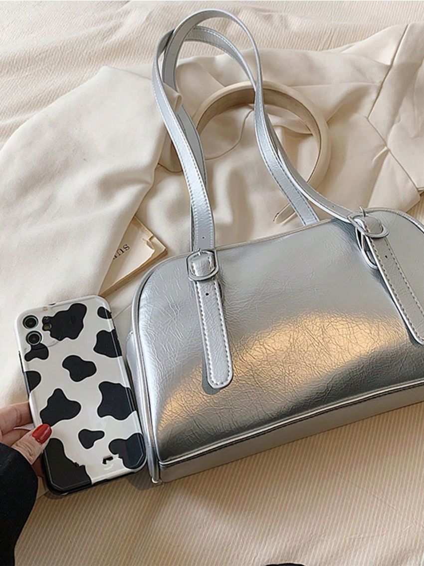 PU Square Bag Buckle Decor Silver