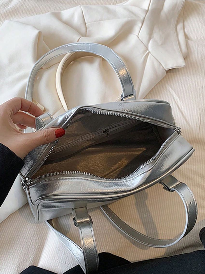 PU Square Bag Buckle Decor Silver