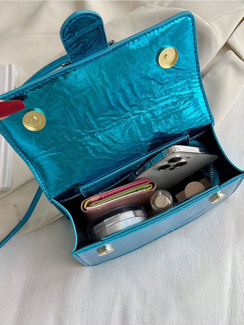 PU Square Bag Flap Rhinestone Buckle Decor