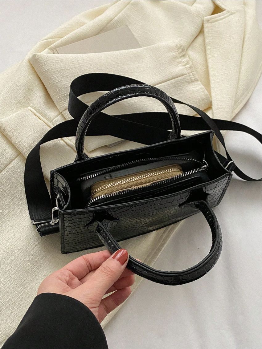 Crocodile Embossed Square Bag Double Handle Zipper Black PU
