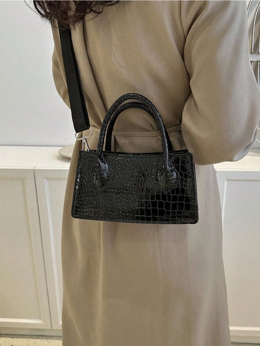 Crocodile Embossed Square Bag Double Handle Zipper Black PU