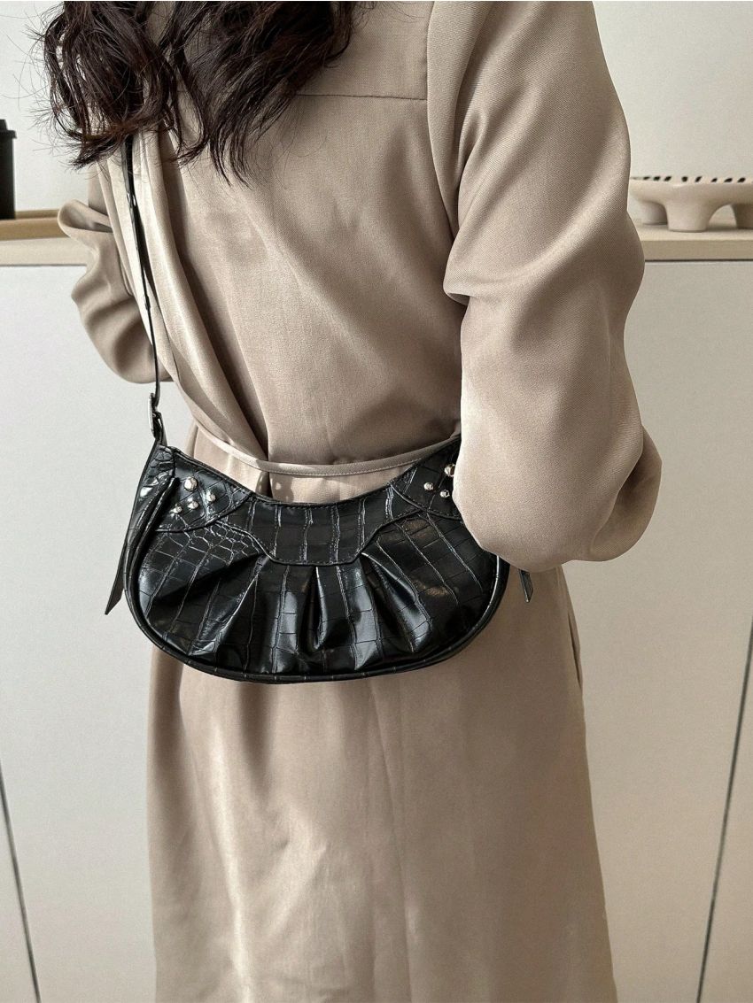 Ruched Detail Hobo Bag Crocodile Embossed Studded Decor With Zipper PU