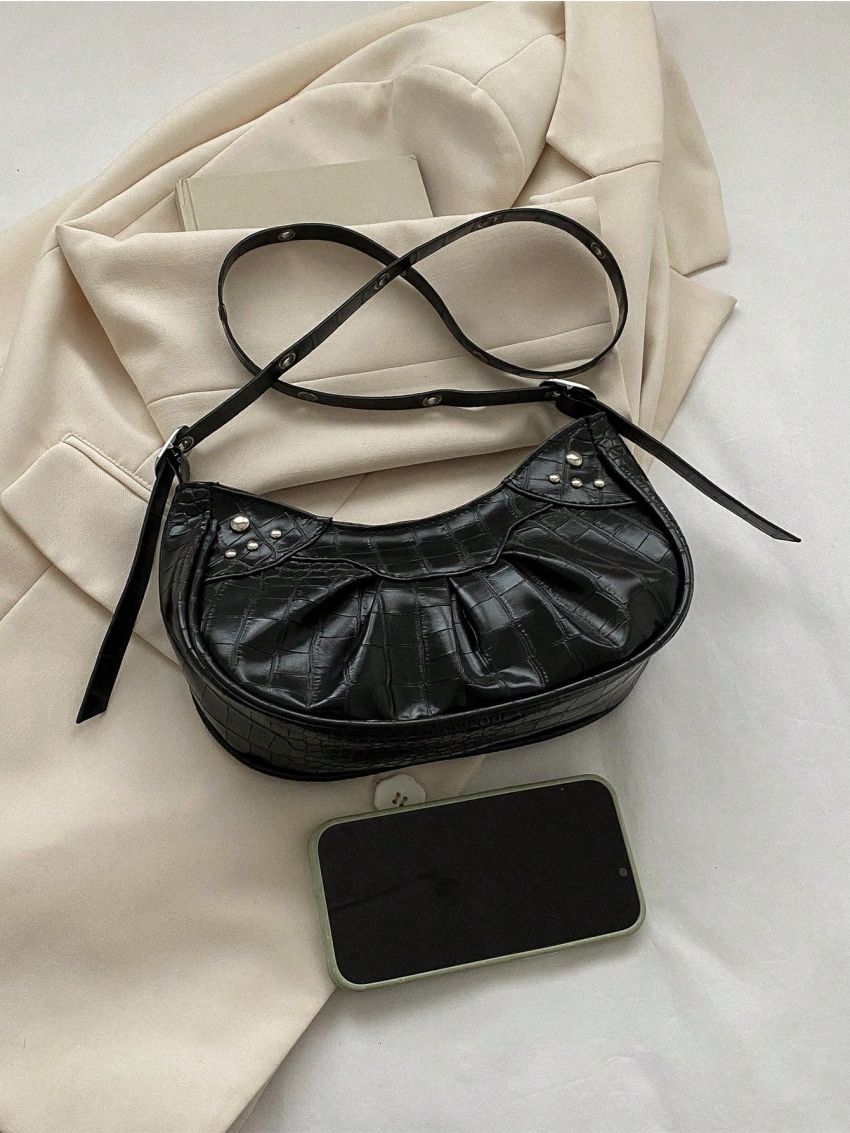 Ruched Detail Hobo Bag Crocodile Embossed Studded Decor With Zipper PU