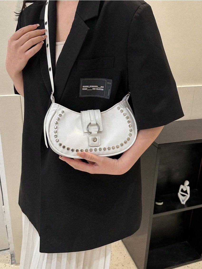 Studded Decor Hobo Bag With Zipper White PU