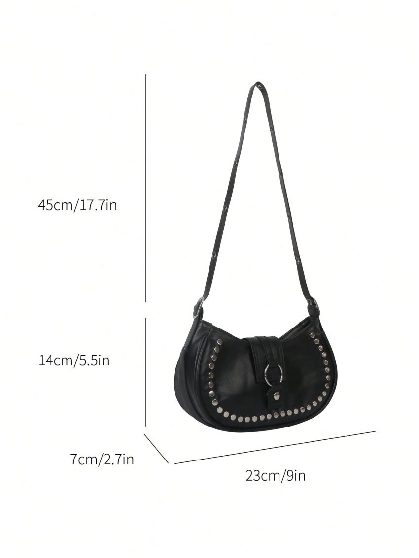 Studded Decor Hobo Bag With Zipper Black PU