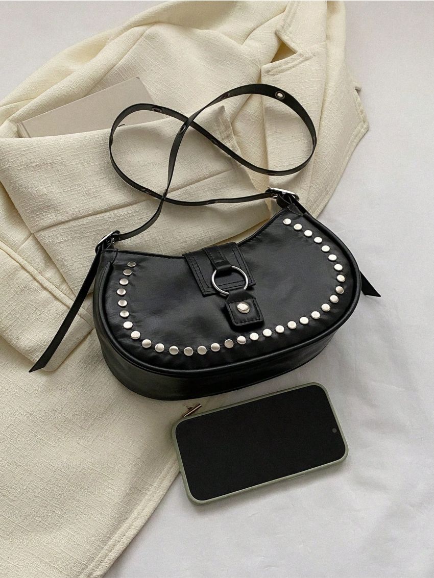 Studded Decor Hobo Bag With Zipper Black PU
