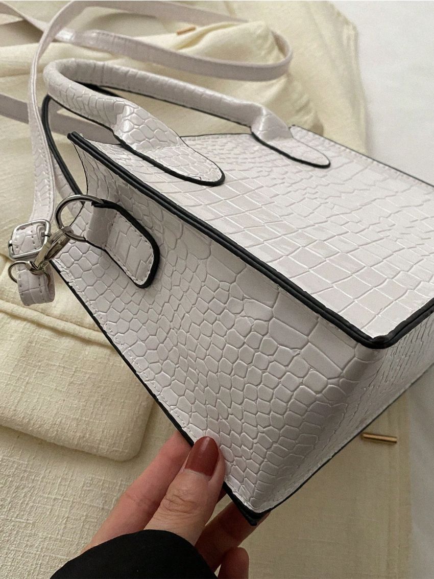 Crocodile Embossed Square Bag Double Handle Zipper PU