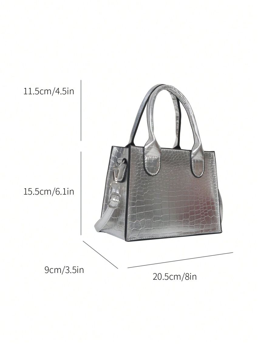 Crocodile Embossed Square Bag Double Handle Zipper Metallic PU Funky