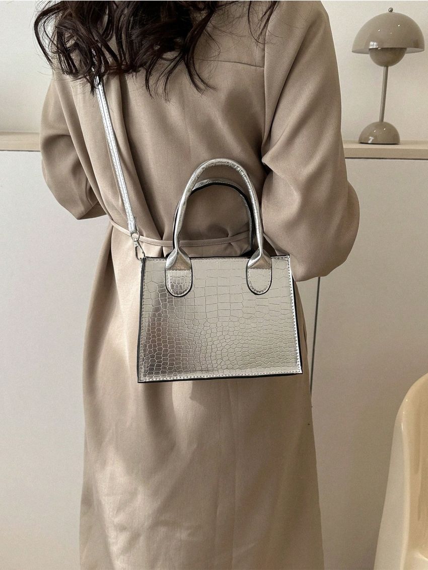 Crocodile Embossed Square Bag Double Handle Zipper Metallic PU Funky