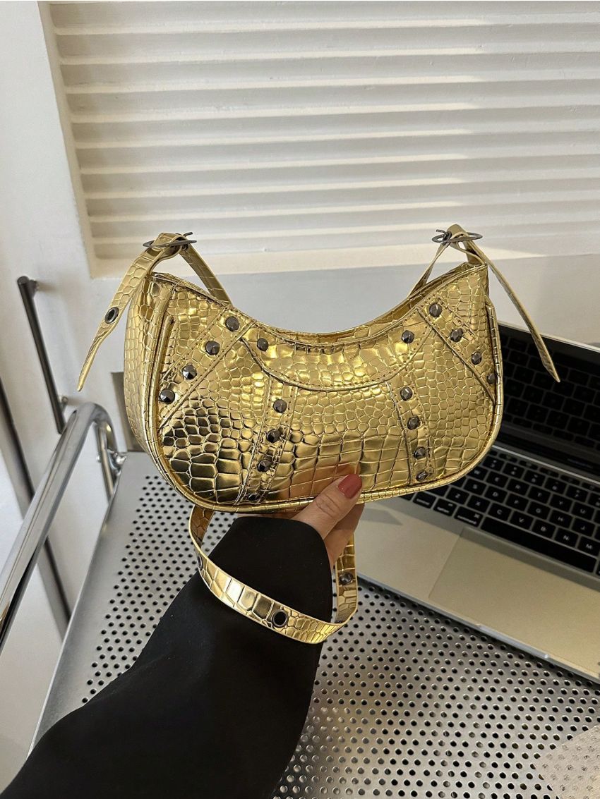 Y2K Crocodile Embossed Pattern Underarm Bag, Trendy Studded Decor Crossbody Bag, Women's Small Crescent Bag,Hobo Bag