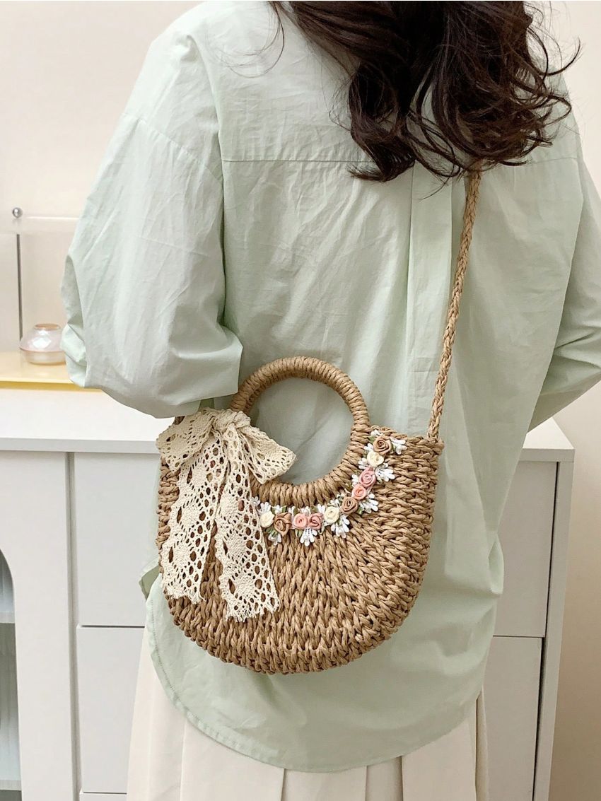 Vacation Straw Bag Flower & Twilly Scarf Decor Double Handle