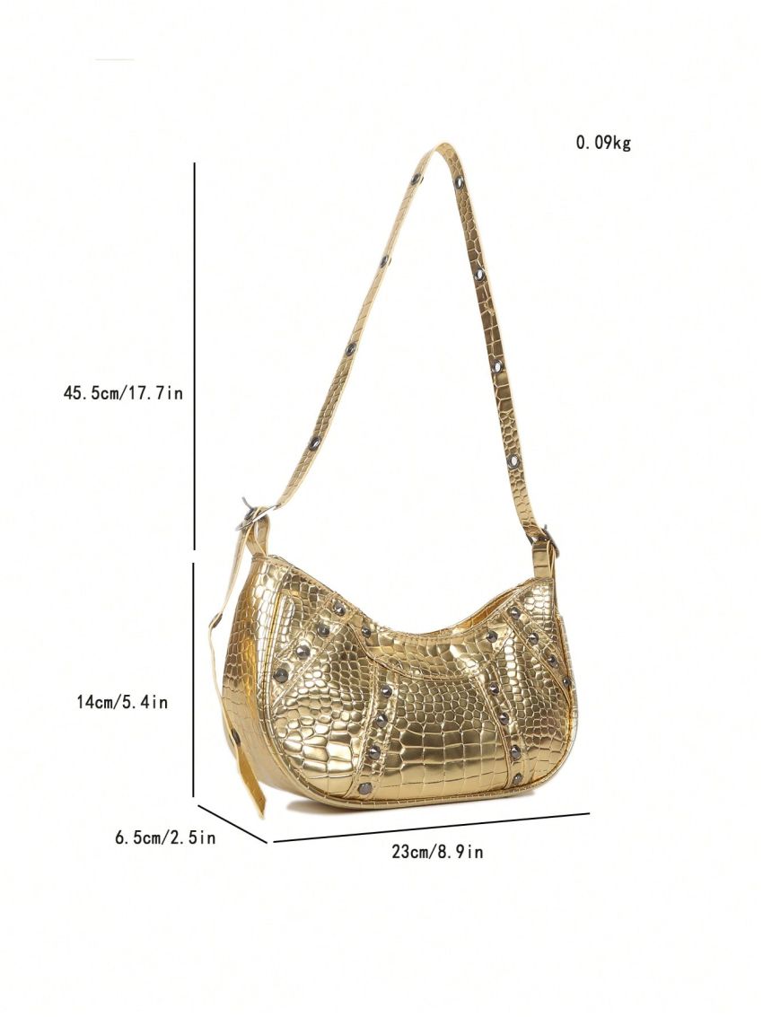Y2K Crocodile Embossed Pattern Underarm Bag, Trendy Studded Decor Crossbody Bag, Women's Small Crescent Bag,Hobo Bag