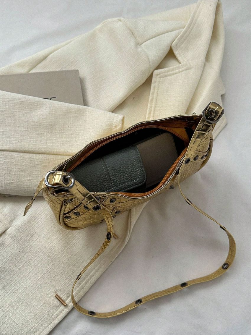 Y2K Crocodile Embossed Pattern Underarm Bag, Trendy Studded Decor Crossbody Bag, Women's Small Crescent Bag,Hobo Bag