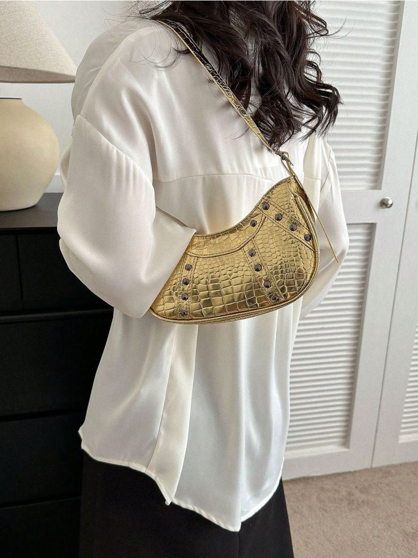 Y2K Crocodile Embossed Pattern Underarm Bag, Trendy Studded Decor Crossbody Bag, Women's Small Crescent Bag,Hobo Bag