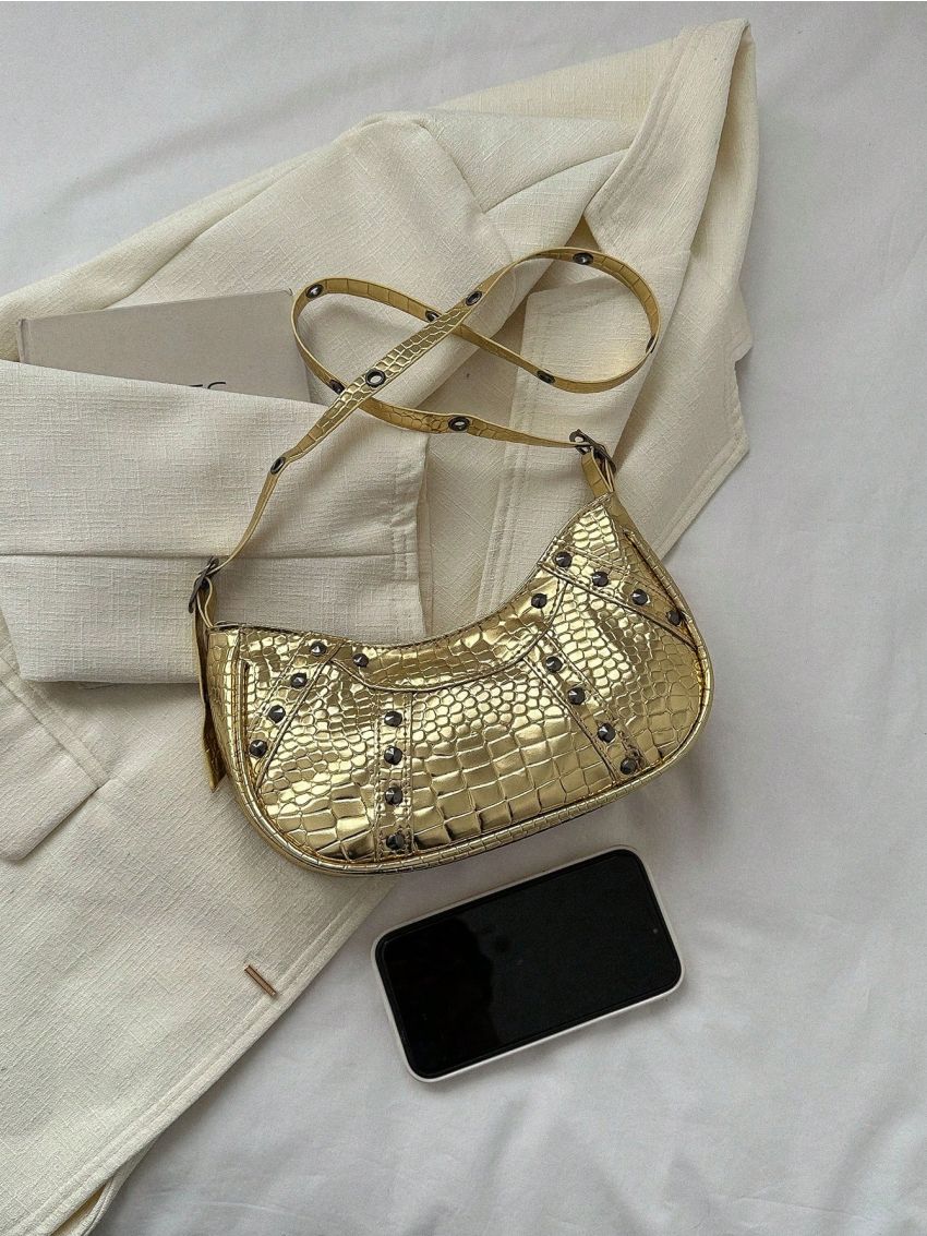 Y2K Crocodile Embossed Pattern Underarm Bag, Trendy Studded Decor Crossbody Bag, Women's Small Crescent Bag,Hobo Bag