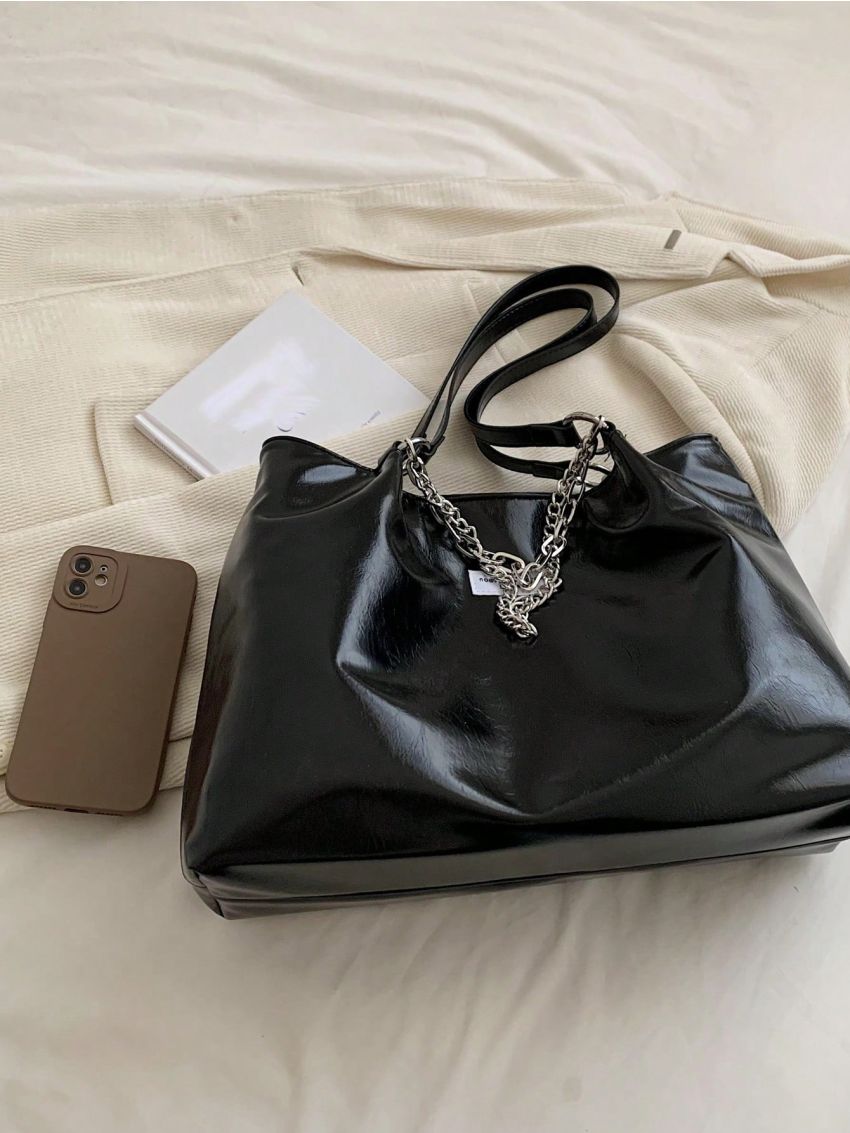 Black Shoulder Tote Bag Chain & Letter Patch Decor PU