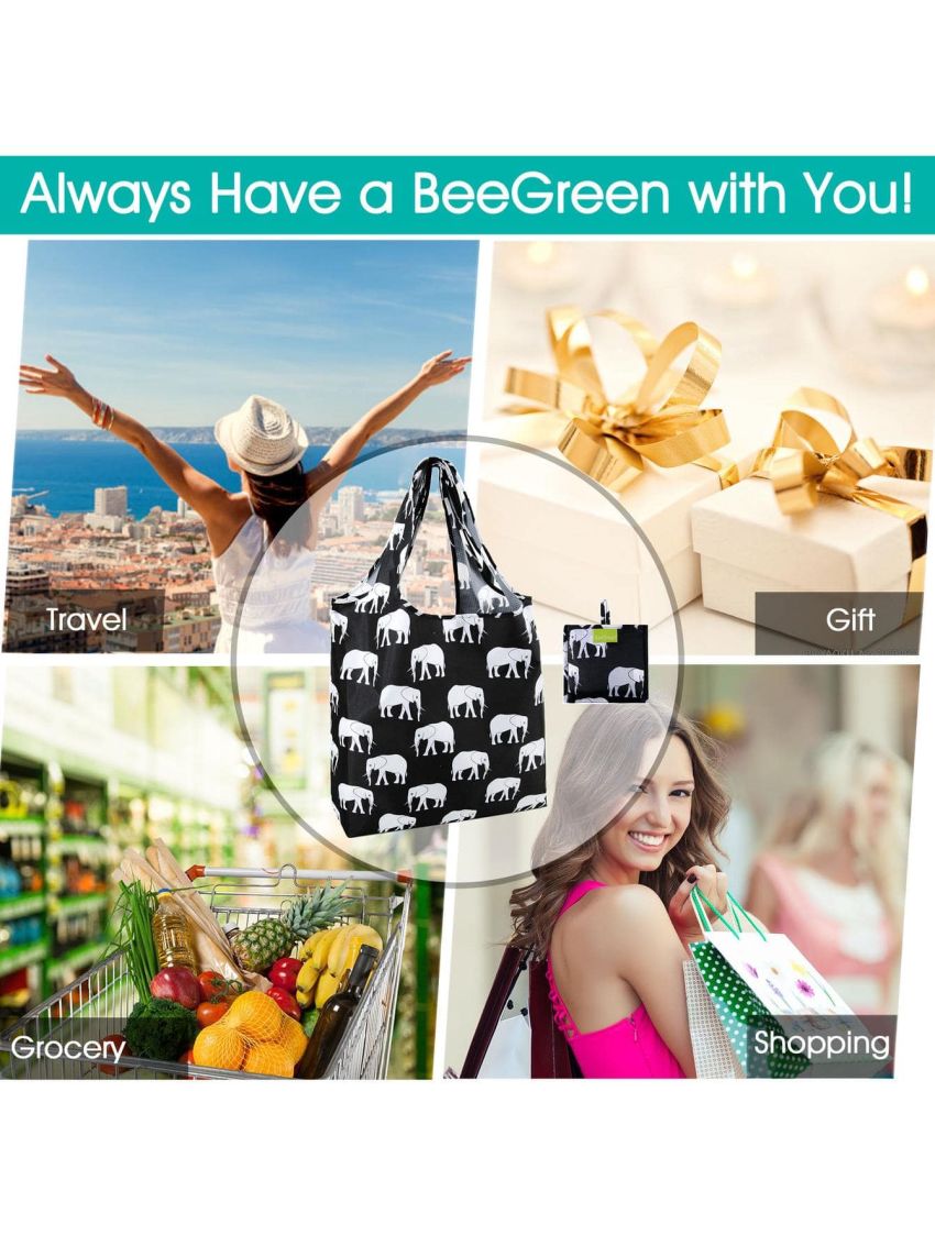 BeeGreen Elephant Reusable Grocery Bags Foldable Bulk 6 Pack, Cute Animal Reusable Shopping Bags Extra Large 50LBS Heavy Duty, Machine Washable Reusable Bags for Groceries Nylon