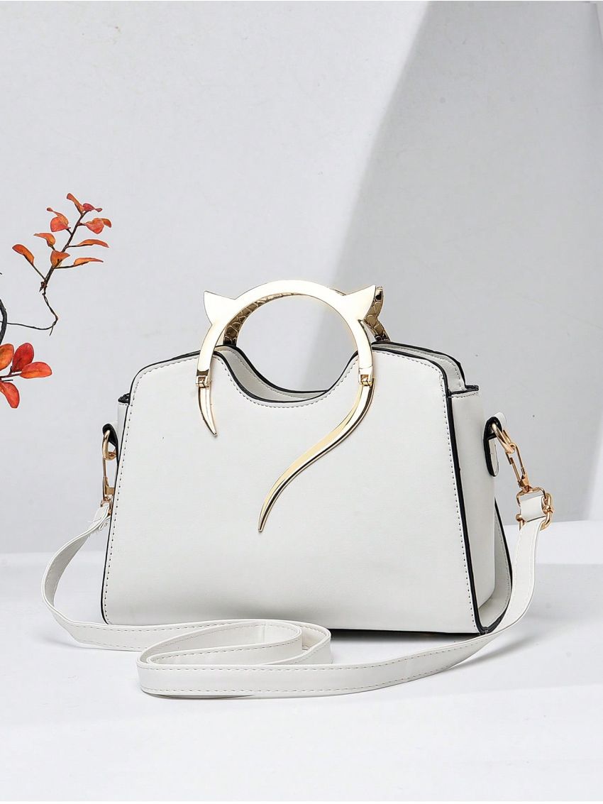 Metal Handle Square Bag Fashion White Contrast Binding